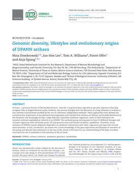 Genomic Diversity, Lifestyles and Evolutionary Origins of DPANN Archaea Nina Dombrowski1,2, Jun-Hoe Lee3, Tom A
