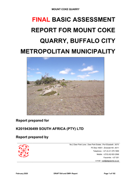 Final Basic Assessment Report for Mount Coke Quarry, Buffalo City Metropolitan Municipality