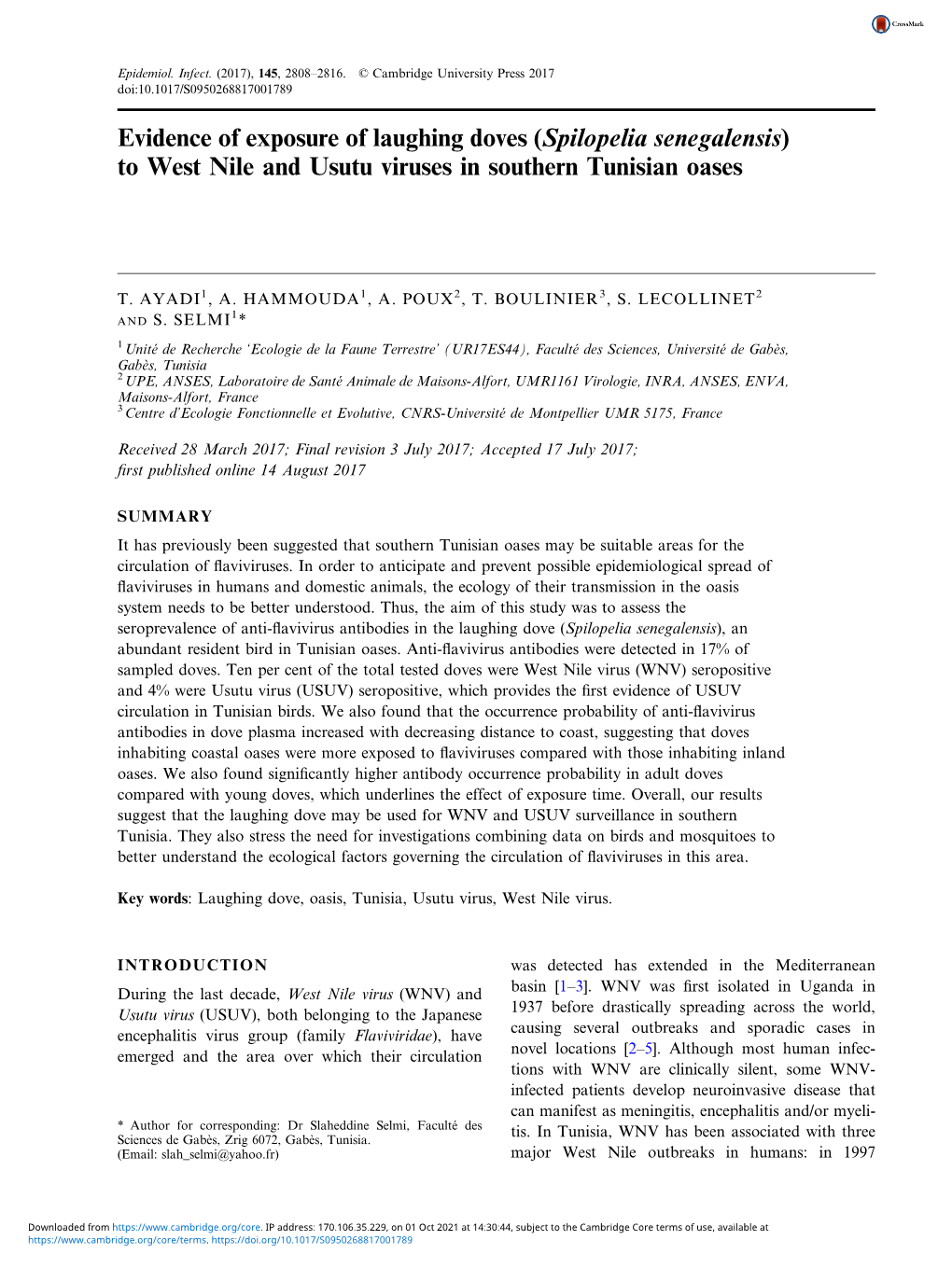 Evidence of Exposure of Laughing Doves (Spilopelia Senegalensis) to West Nile and Usutu Viruses in Southern Tunisian Oases