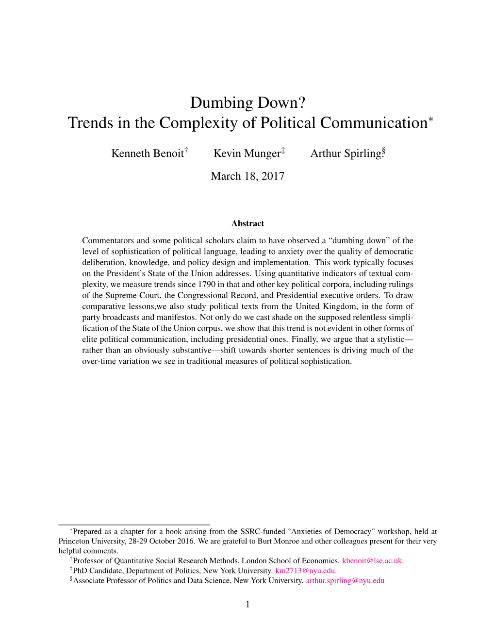 Dumbing Down? Trends in the Complexity of Political Communication∗