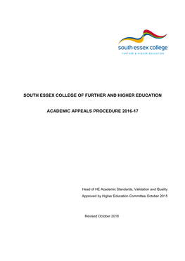 South Essex College of Further and Higher Education Academic Appeals Procedure 2016-17