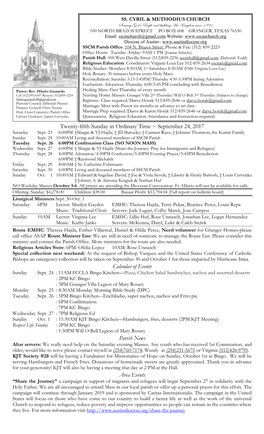 September 24, 2017 Calendar of Events Parish News Area Events