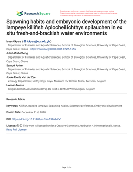 Spawning Habits and Embryonic Development of the Lampeye Killi Sh