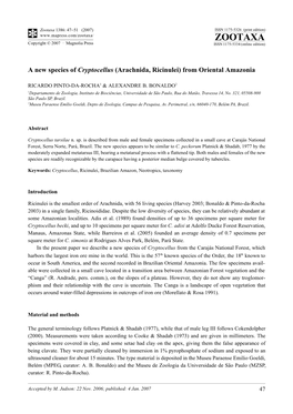 Zootaxa: a New Species of Cryptocellus (Arachnida, Ricinulei) from Oriental Amazonia