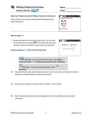 Writing Chemical Formulas Name Student Activity Class