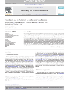 Neuroticism and Perfectionism As Predictors of Social Anxiety