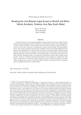 Breaking the Link Between Legal Access to Alcohol and Motor Vehicle Accidents: Evidence from New South Wales∗