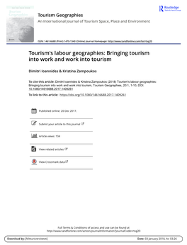 Tourism's Labour Geographies: Bringing Tourism Into Work and Work Into Tourism