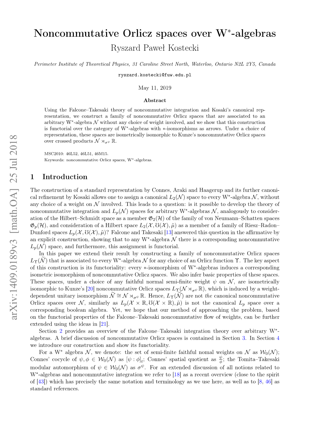 Noncommutative Orlicz Spaces Over W*-Algebras Ryszard Paweł Kostecki