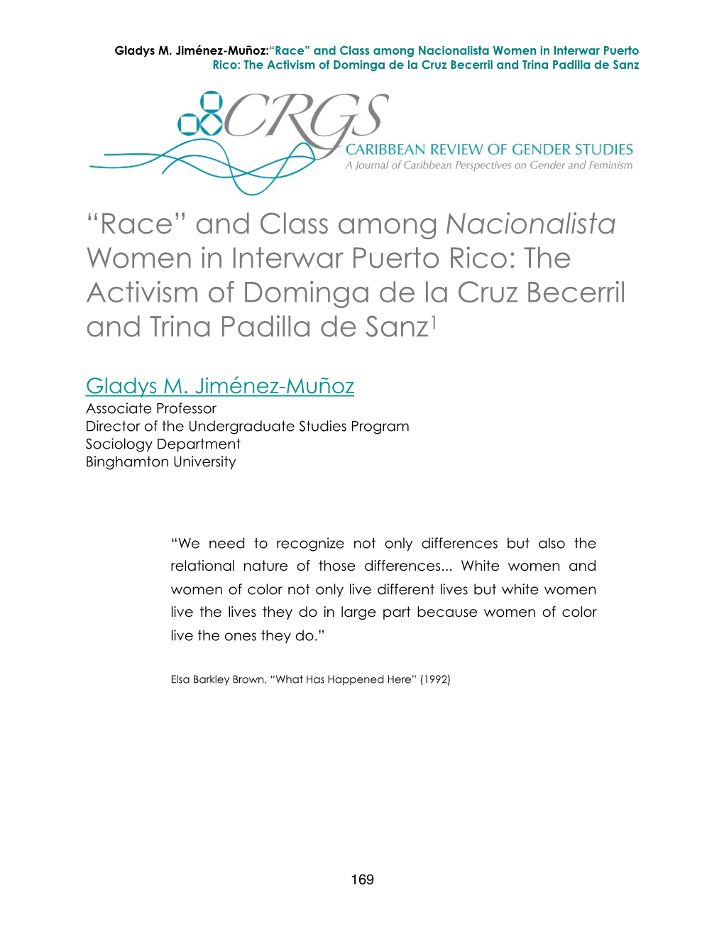 “Race” and Class Among Nacionalista Women in Interwar Puerto Rico: the Activism of Dominga De La Cruz Becerril and Trina Padilla De Sanz