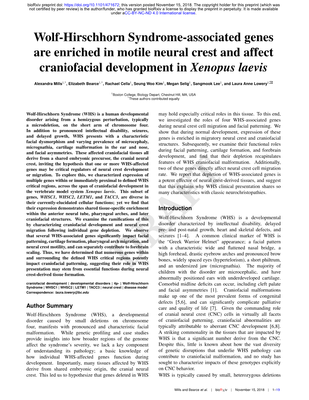 Wolf-Hirschhorn Syndrome-Associated Genes Are Enriched in Motile Neural Crest and Affect Craniofacial Development in Xenopus Laevis