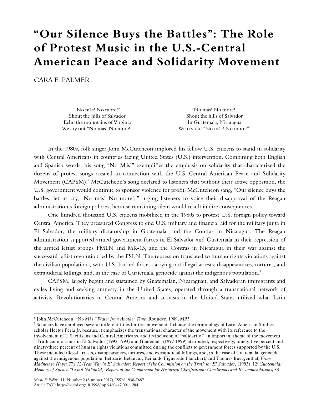 “Our Silence Buys the Battles”: the Role of Protest Music in the U.S.-Central American Peace and Solidarity Movement