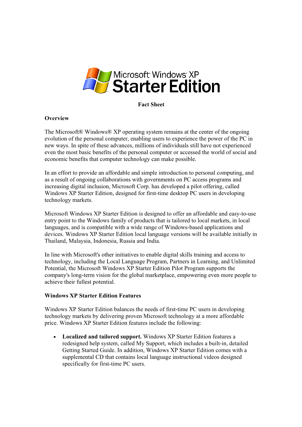 Fact Sheet Overview the Microsoft® Windows® XP Operating System