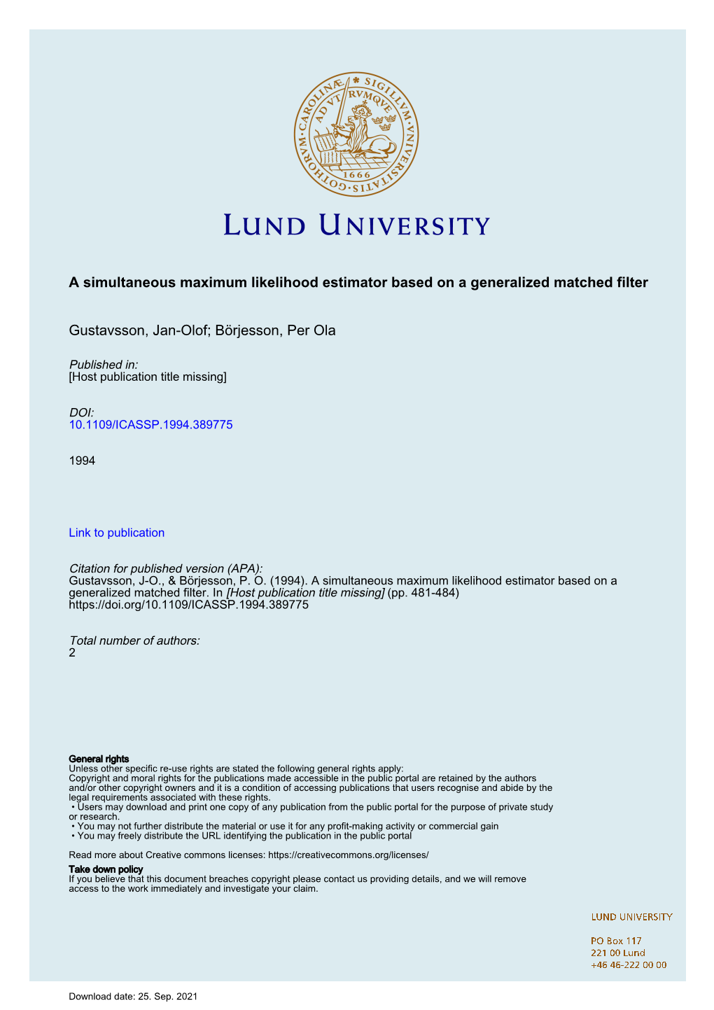 A Simultaneous Maximum Likelihood Estimator Based on a Generalized Matched Filter