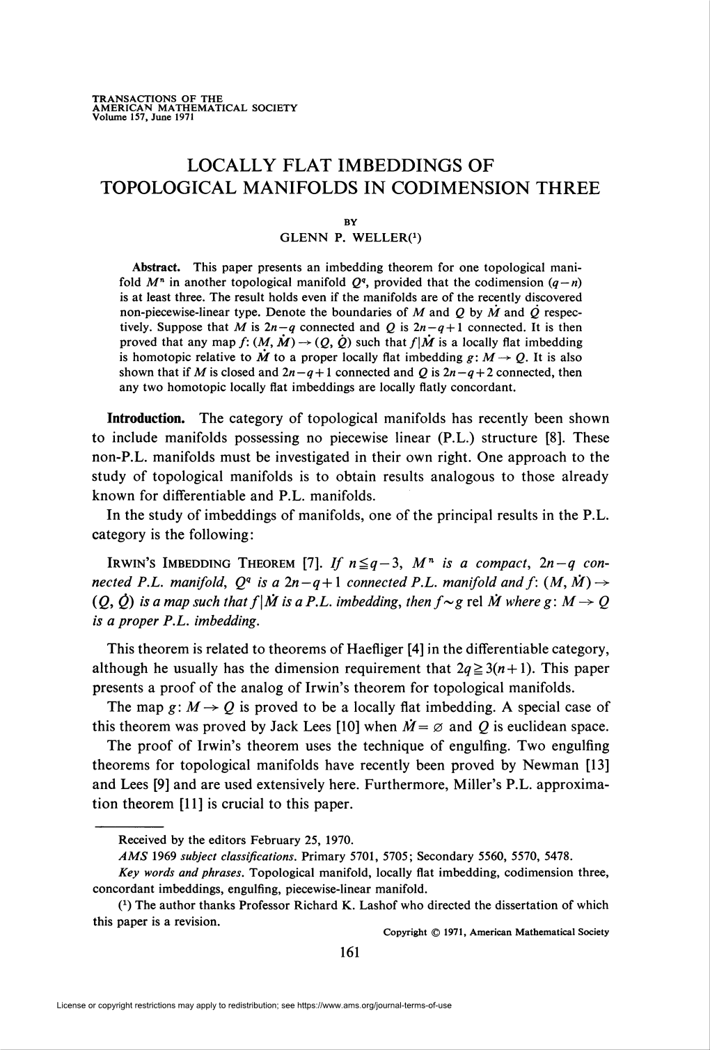 Locally Flat Imbeddings of Topological Manifolds in Codimension Three