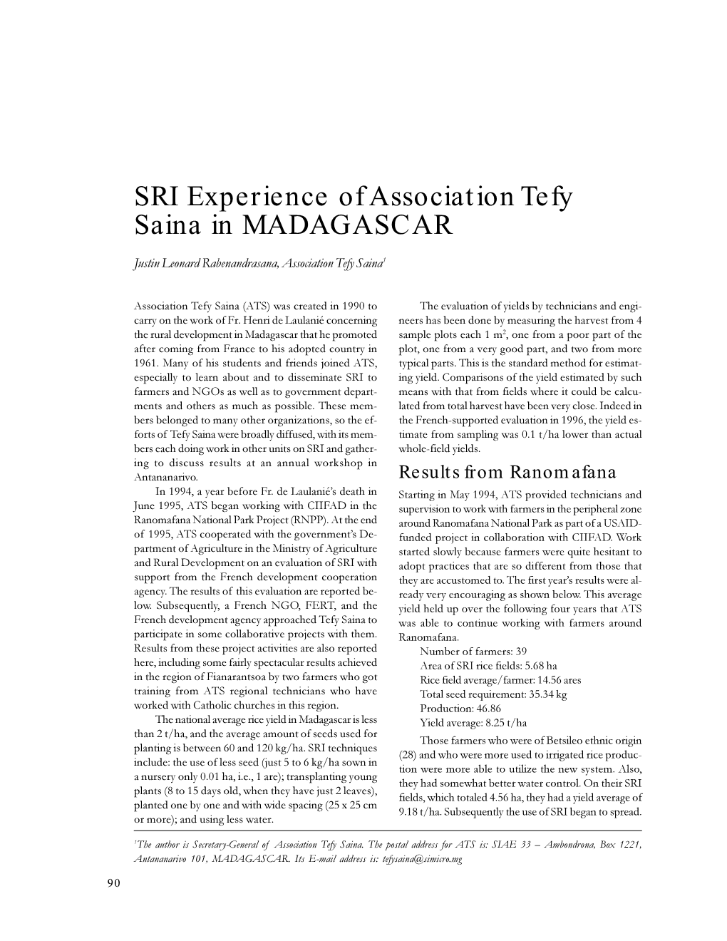 SRI Experience of Association Tefy Saina in MADAGASCAR