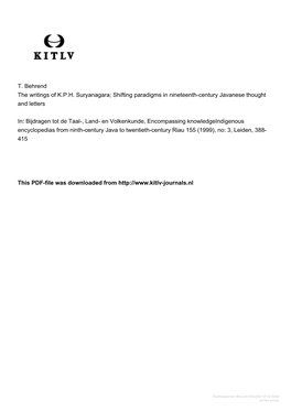 T. Behrend the Writings of KPH Suryanagara; Shifting Paradigms in Nineteenth-Century Javanese Thought and Letters In