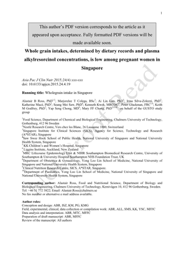 Whole Grain Intakes, Determined by Dietary Records and Plasma Alkylresorcinol Concentrations, Is Low Among Pregnant Women in Singapore