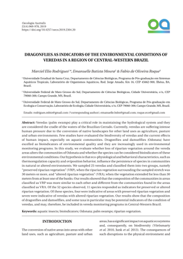 Dragonflies As Indicators of the Environmental Conditions of Veredas in a Region of Central-Western Brazil