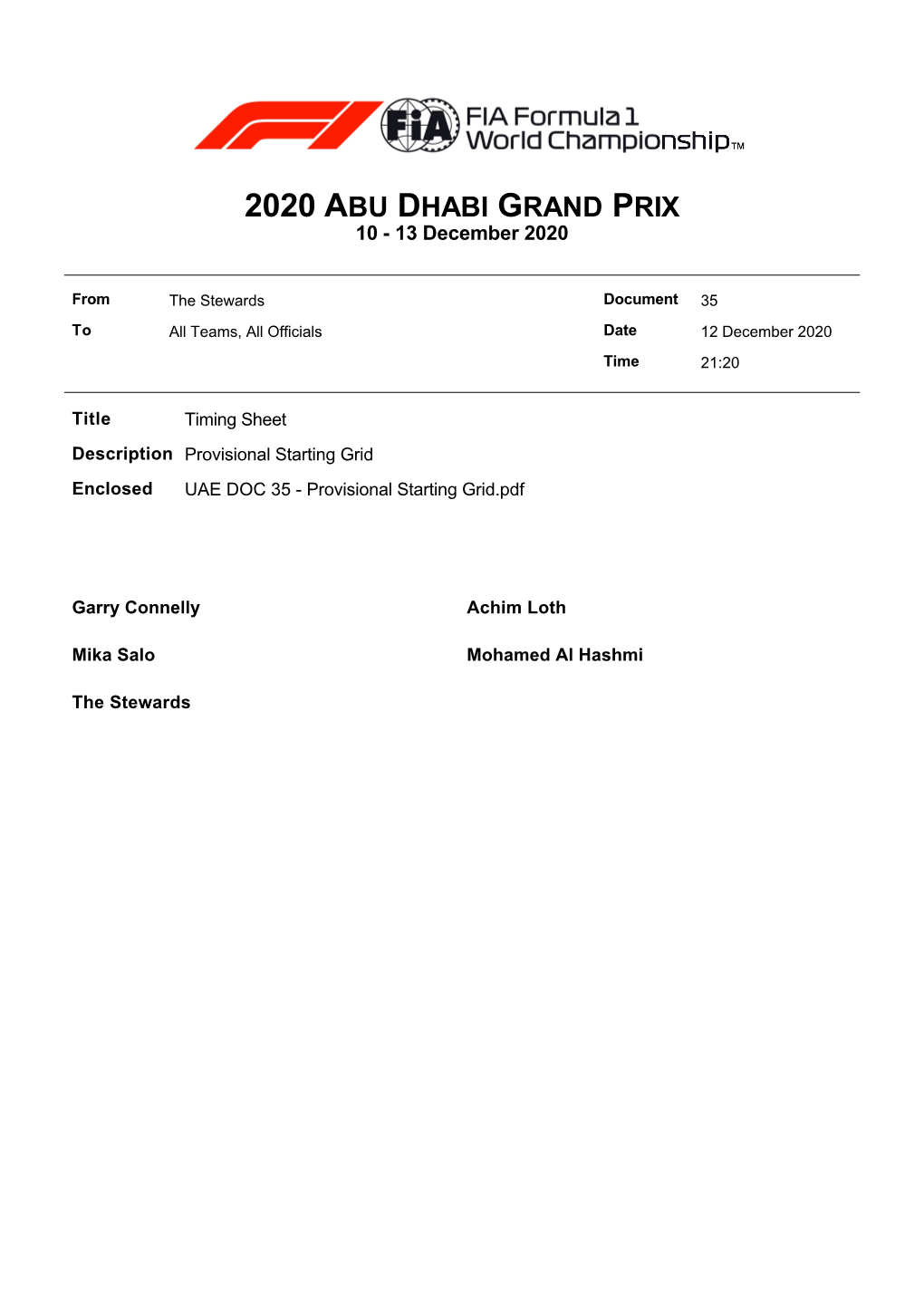 2020 ABU DHABI GRAND PRIX 10 - 13 December 2020