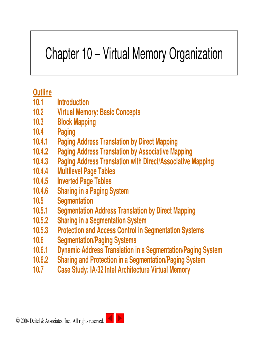 Chapter 10 – Virtual Memory Organization
