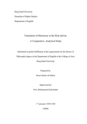 Translation of Metonymy in the Holy Qur'an: a Comparative, Analytical Study