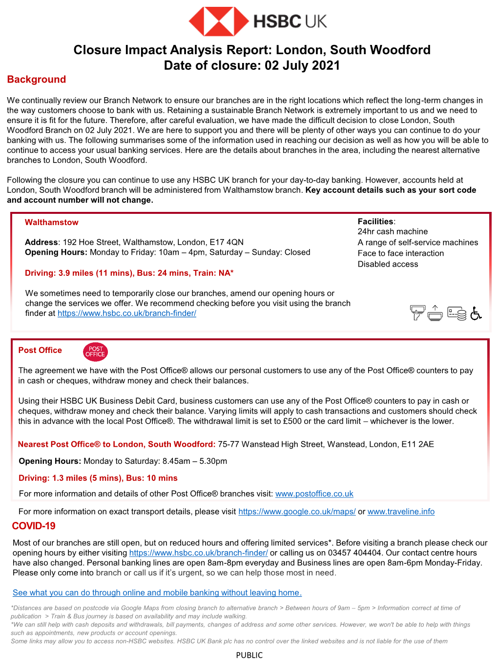 London, South Woodford Date of Closure: 02 July 2021 Background