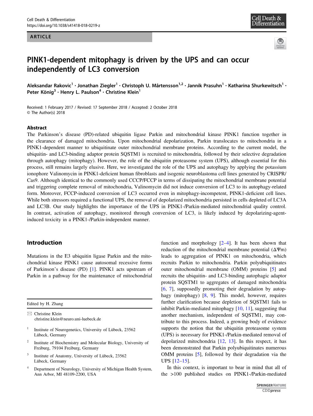 PINK1-Dependent Mitophagy Is Driven by the UPS and Can Occur Independently of LC3 Conversion