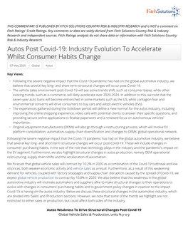 Autos Post Covid-19: Industry Evolution to Accelerate Whilst Consumer Habits Change