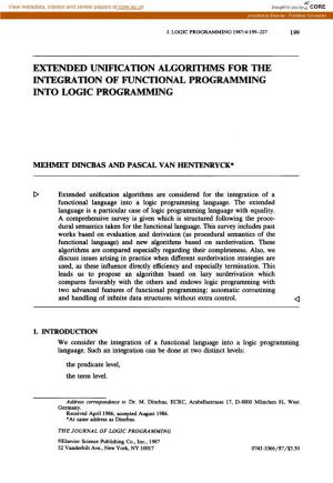 Extended Unification Algorithms for the Integration of Functional Programming Into Logic Programming