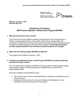 Questions and Answers Mill Process Operator—Mineral Ore Program #810050