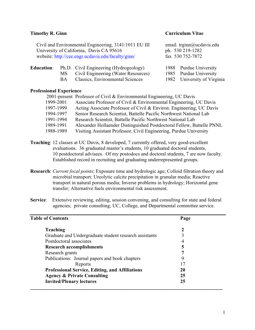 1 Timothy R. Ginn Curriculum Vitae Civil and Environmental