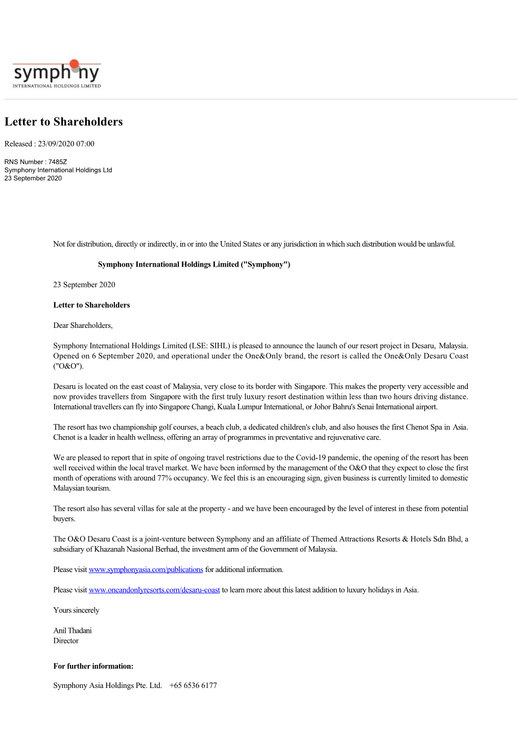 Letter to Shareholders