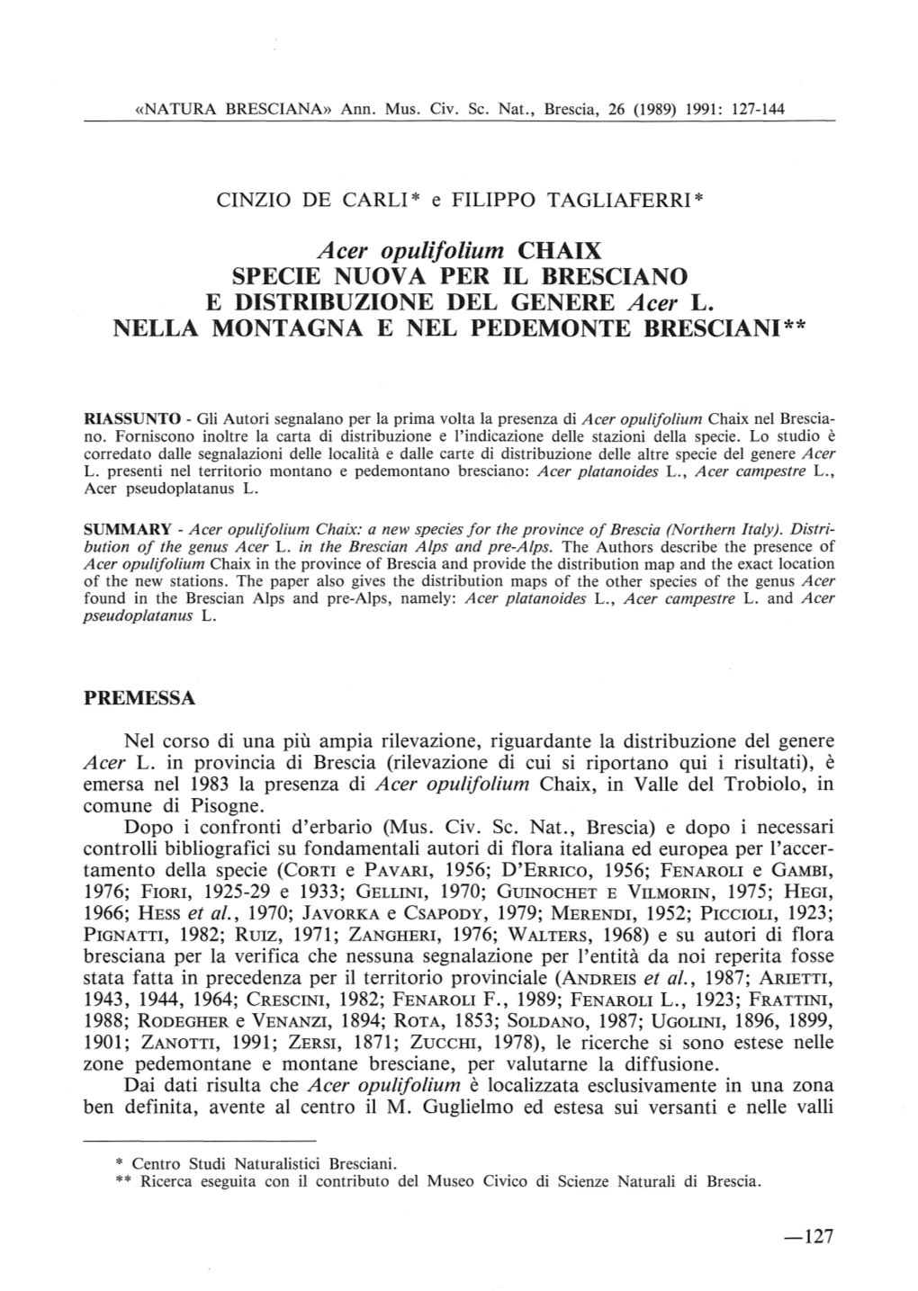 Acer Opulijolium CHAIX SPECIE NUOVA PER IL BRESCIANO E DISTRIBUZIONE DEL GENERE Acer L