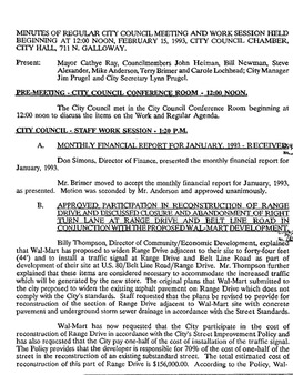 City Council Meeting and Work Session Held Beginning at 12:Oo Noon, February 15, 1993, City Council Chamber, City Hall, 711 N