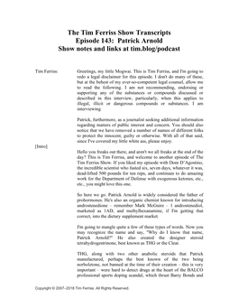 The Tim Ferriss Show Transcripts Episode 143: Patrick Arnold Show Notes and Links at Tim.Blog/Podcast
