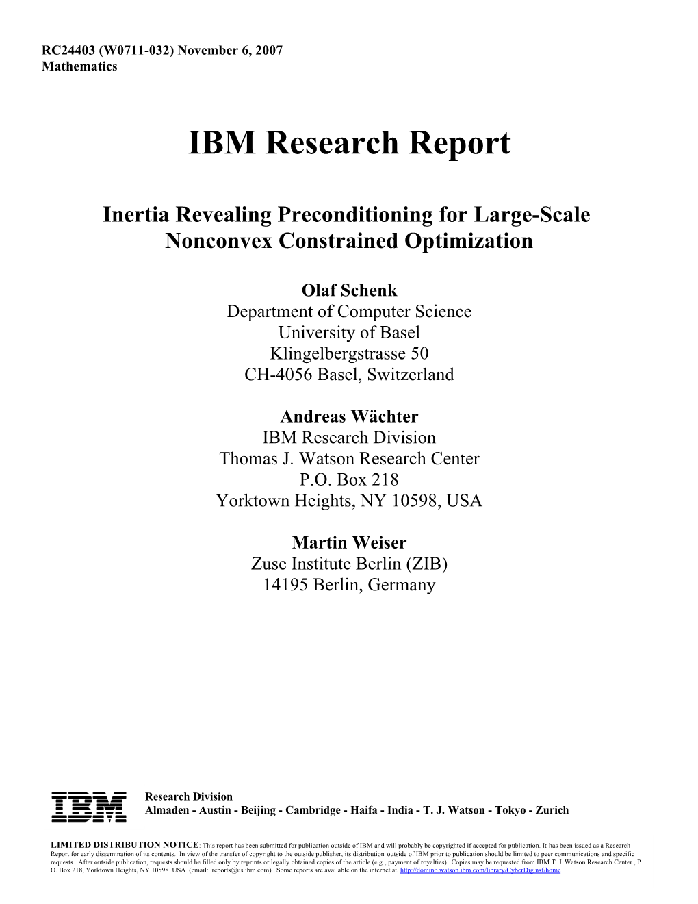 IBM Research Report Inertia Revealing Preconditioning For