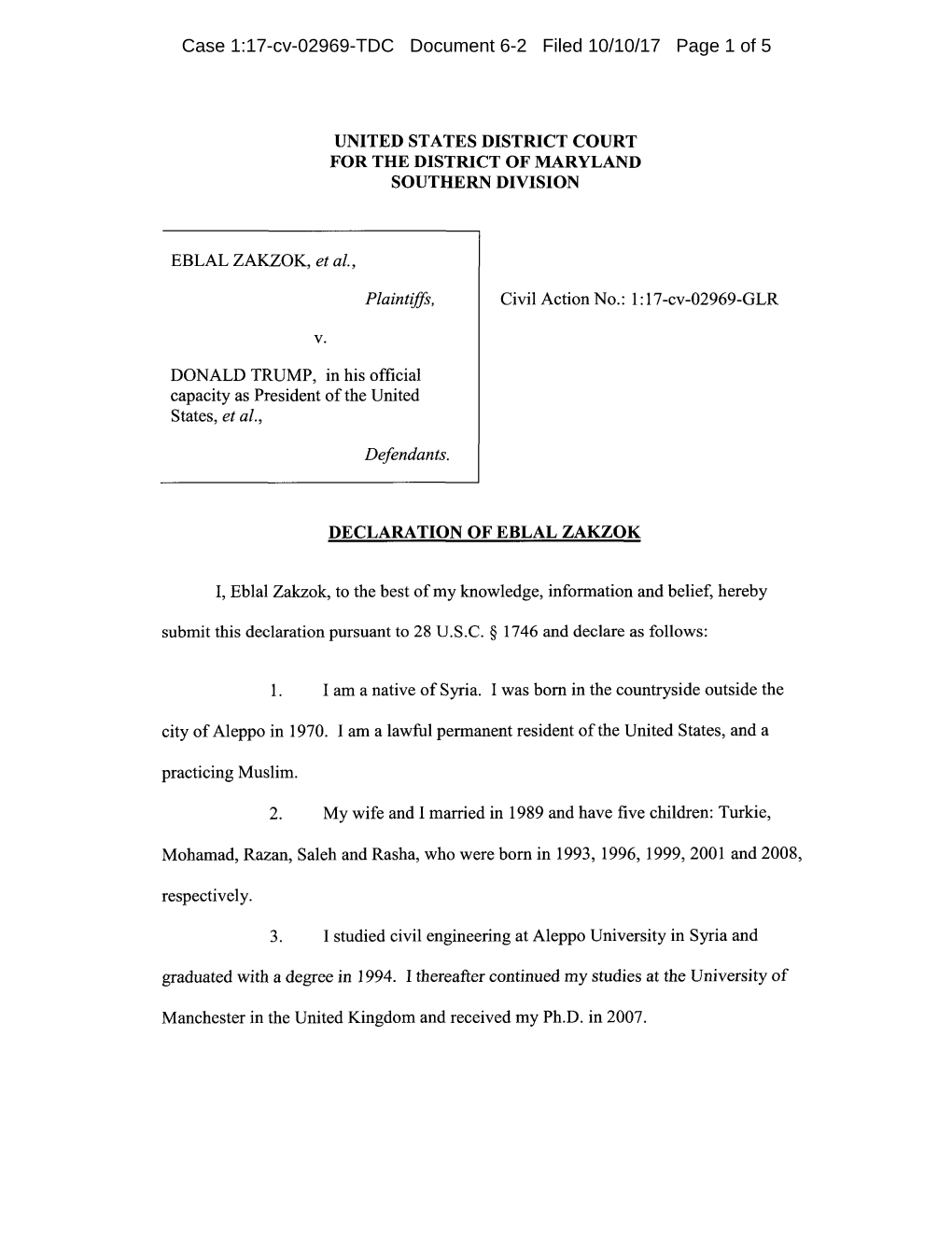 Case 1:17-Cv-02969-TDC Document 6-2 Filed 10/10/17 Page 1 of 5