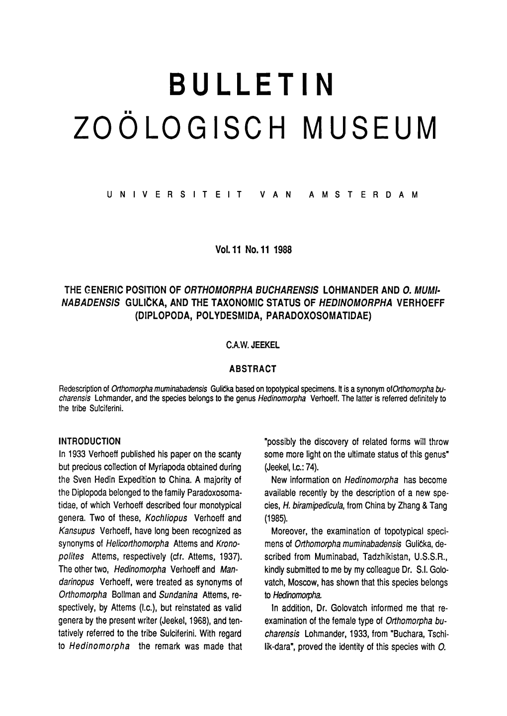 Bulletin Zoölogisch Museum