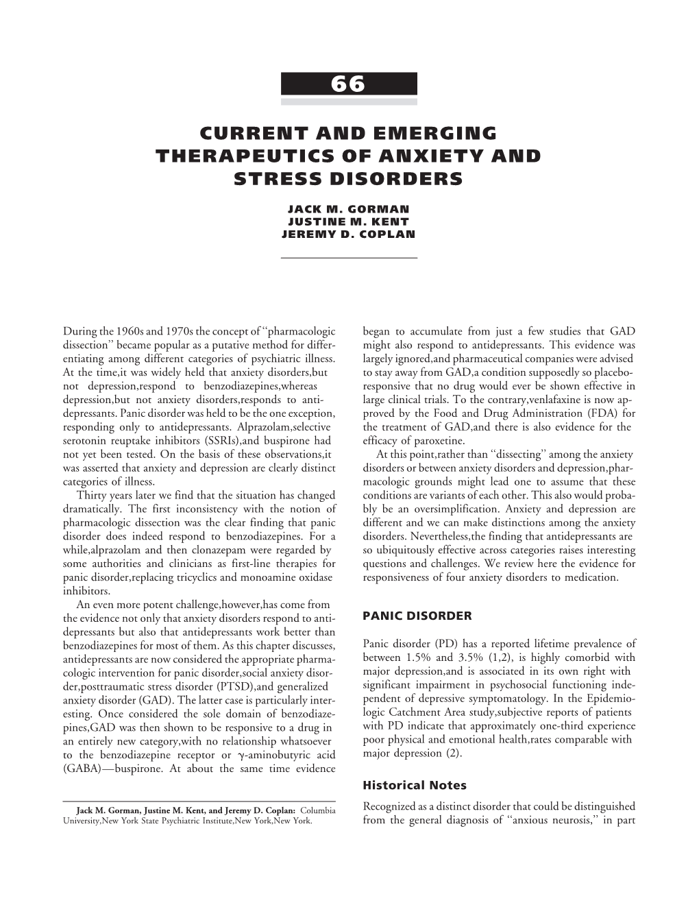 Current and Emerging Therapeutics of Anxiety and Stress Disorders