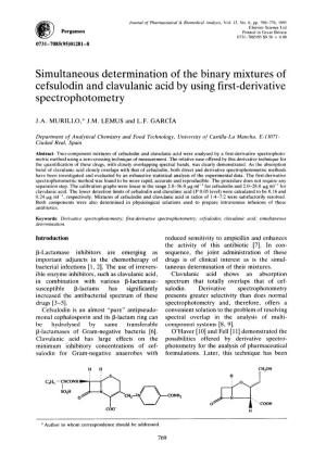 Simultaneous Determination of the Binary Mixtures of Cefsulodin and Clavulanic Acid by Using First-Derivative Spectrophotometry