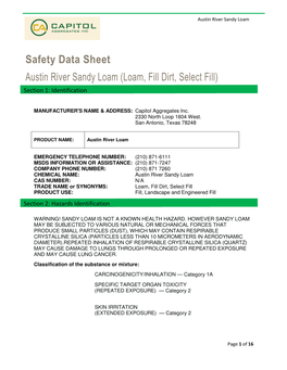 Safety Data Sheet Austin River Sandy Loam (Loam, Fill Dirt, Select Fill) Section 1: Identification