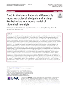 Tacr3 in the Lateral Habenula Differentially Regulates Orofacial Allodynia and Anxiety-Like Behaviors in a Mouse Model of Trigem