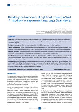 Knowledge and Awareness of High Blood Pressure in Ward F, Ifako-Ijaiye Local Government Area