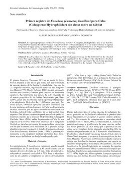 Primer Registro De Enochrus (Lumetus) Hamiltoni Para Cuba (Coleoptera: Hydrophilidae) Con Datos Sobre Su Hábitat