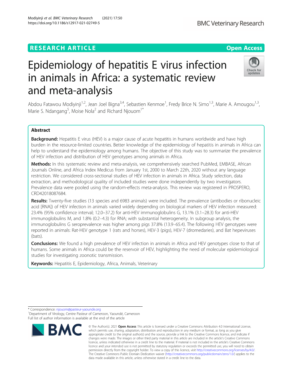 Epidemiology of Hepatitis E Virus Infection in Animals in Africa: A