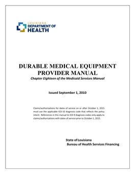 DURABLE MEDICAL EQUIPMENT PROVIDER MANUAL Chapter Eighteen of the Medicaid Services Manual