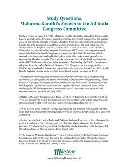 Study Questions: Mahatma Gandhi's Speech to the All India Congress