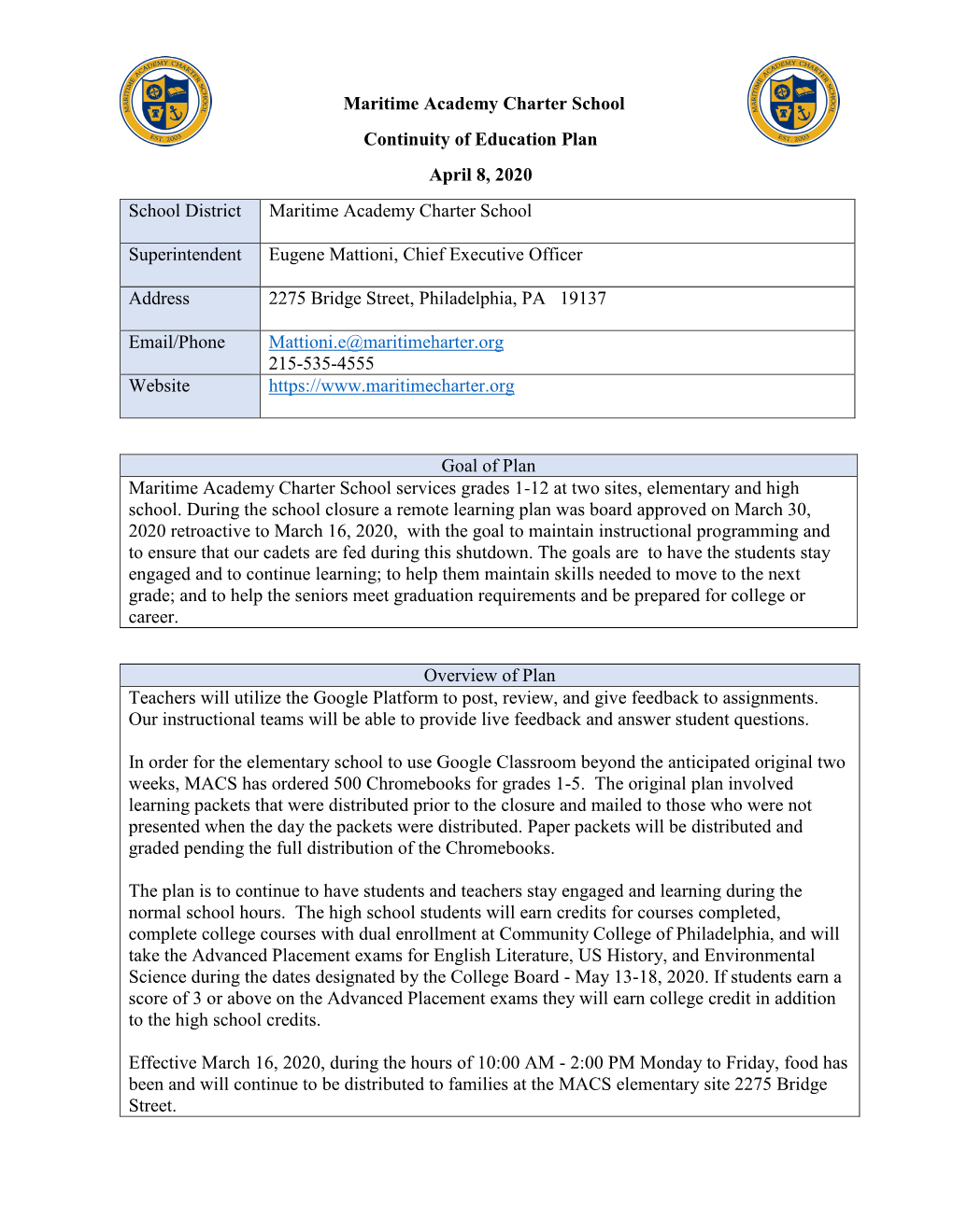 Maritime Academy Charter School Continuity of Education Plan April 8, 2020 School District Maritime Academy Charter School