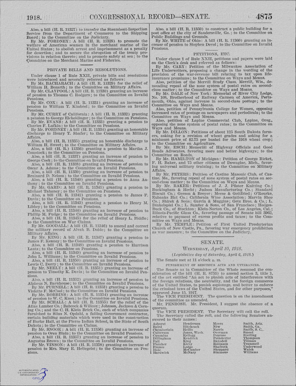1918. Coxgression 1~L Record- Sen Ate